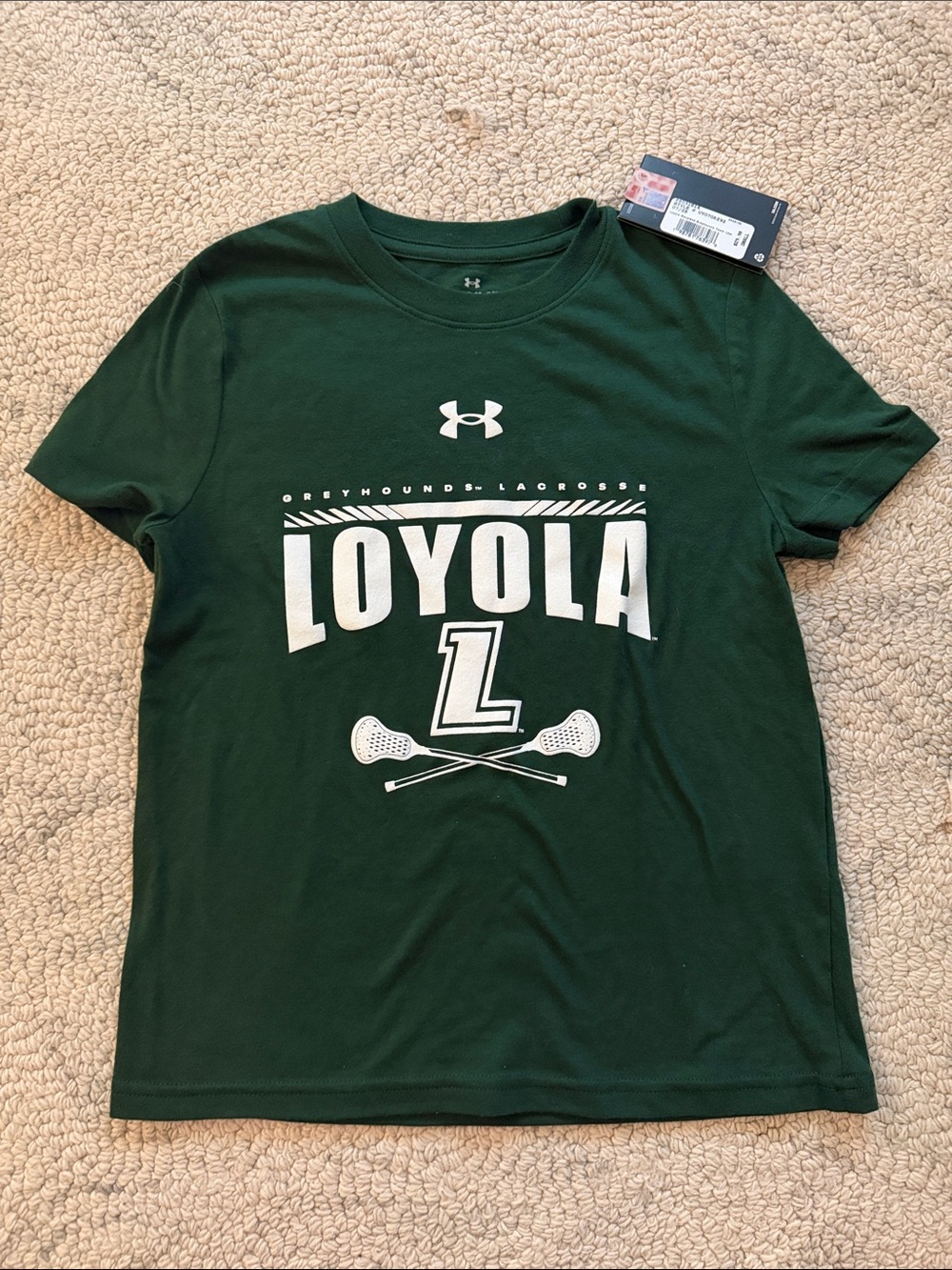 NWT Unisex Kids Under Armour Loyola Greyhounds Lacrosse Tee — Dark Green & White
